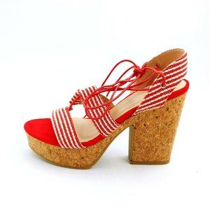 Yoki Womans Nolan 30 Fabric Lace Up High Heel Platform Sandals Red  Sz 8 M NEW